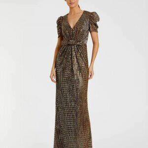 Ieena for Mac Duggal Bow Waist Cap Sleeve Metallic Gown